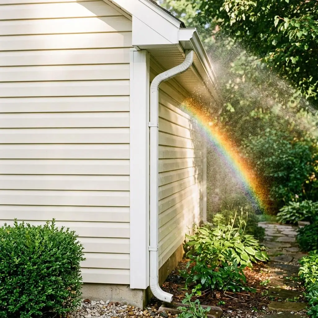 House corner with clean siding and gutter in sunlit spray