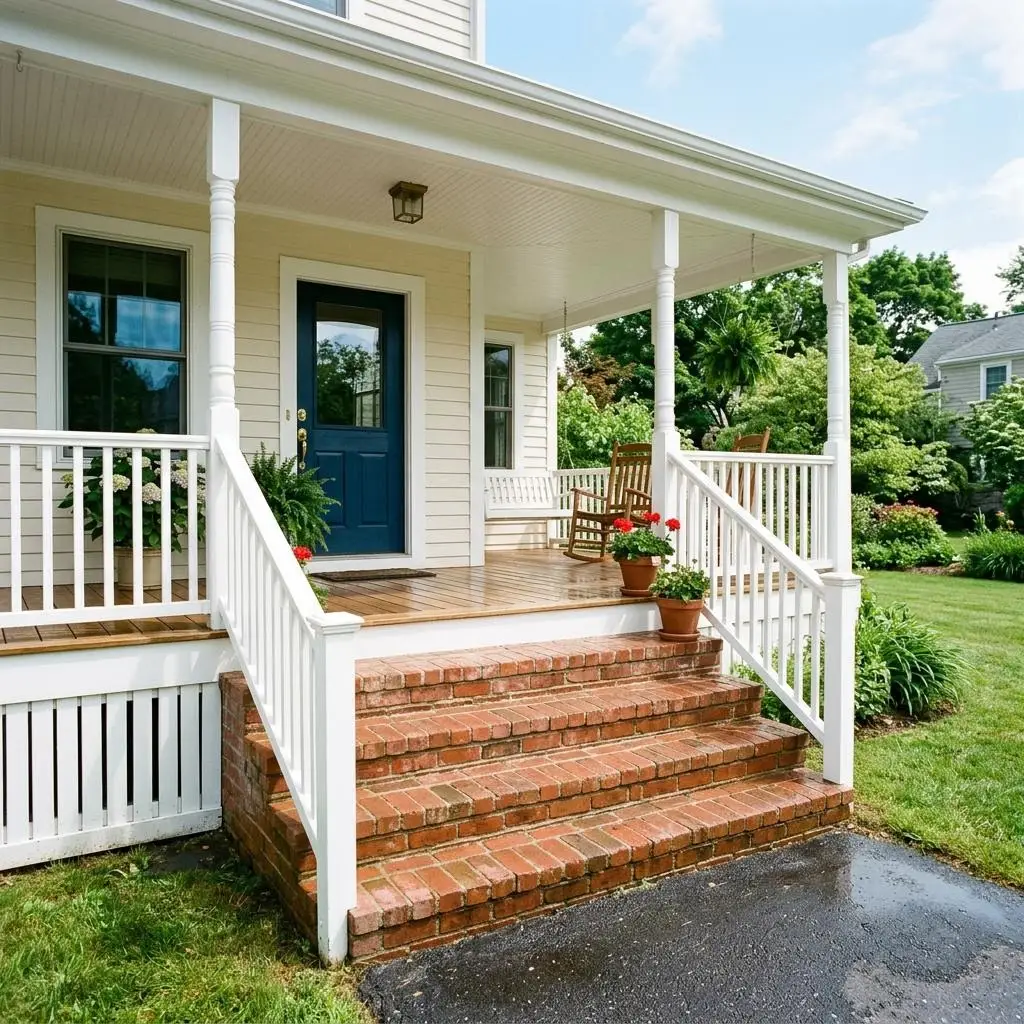 Porch with white railings and brick steps