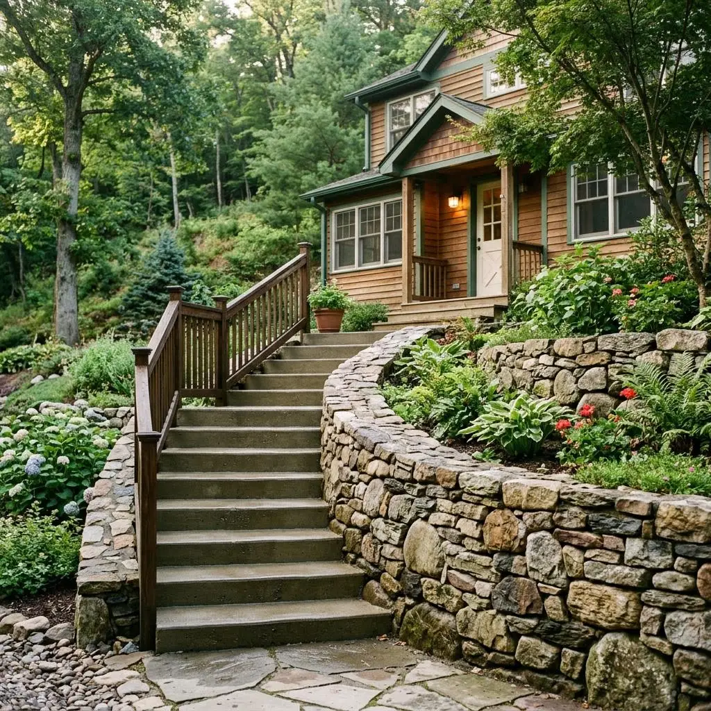 Concrete back steps and stone wall beside a hillside home