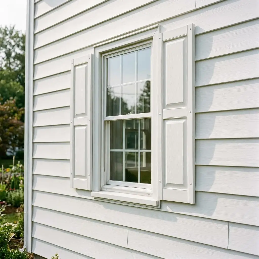 Clean white aluminum lap siding beside a window with shutters