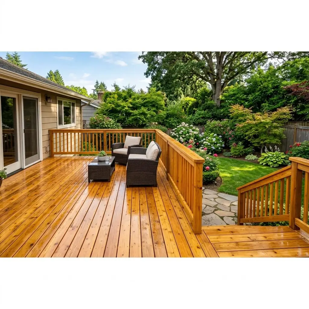 Freshly cleaned wooden deck with railing in warm sunlight