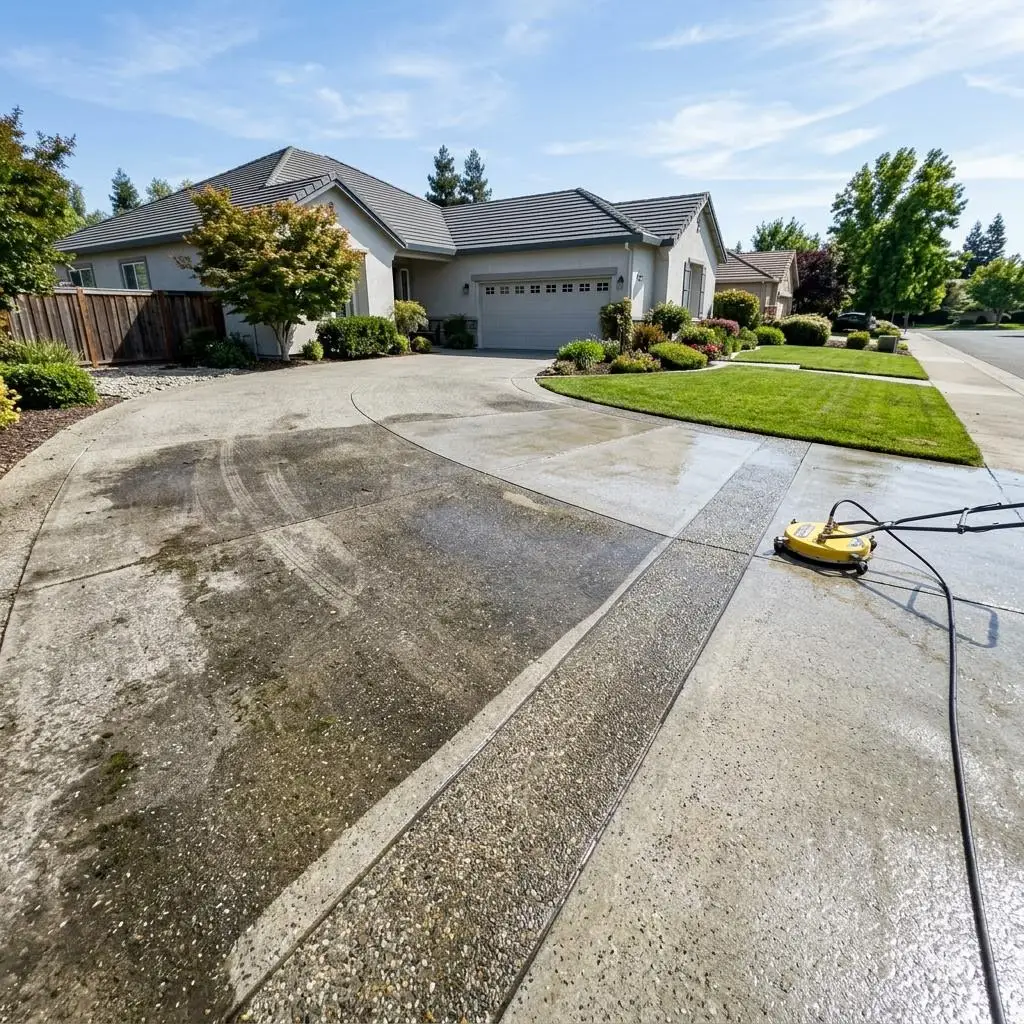 Concrete driveway with a freshly cleaned stripe beside a darker section