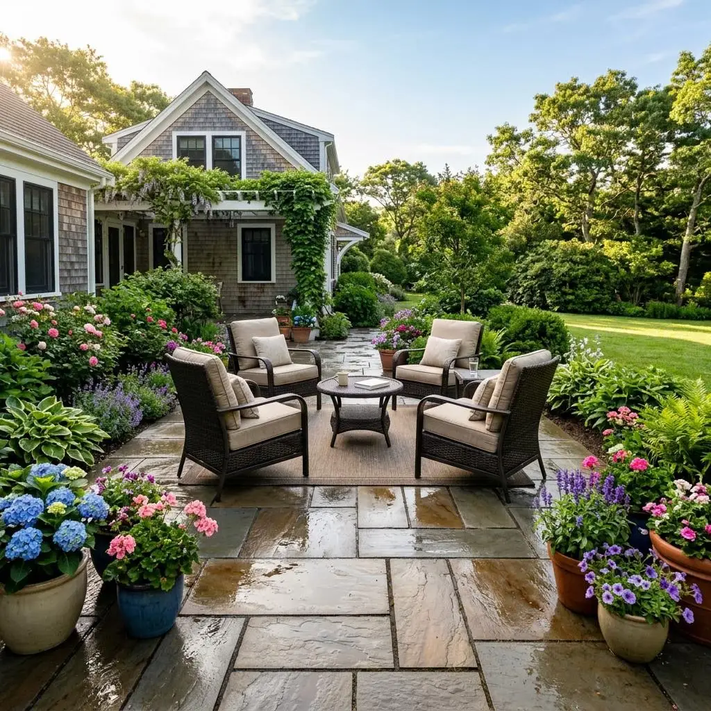 Clean stone paver patio with outdoor chairs and potted flowers