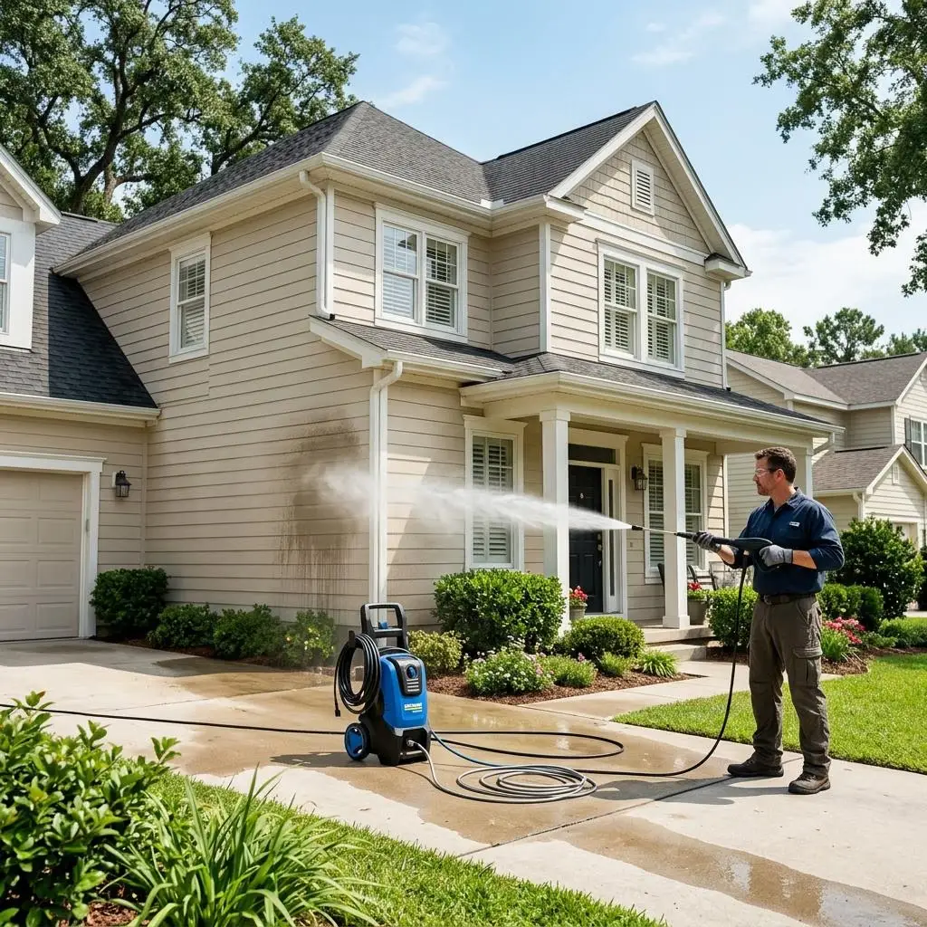 Pressure washer wand cleaning the exterior wall of a family home