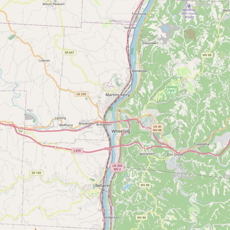 Map centered on Wheeling, West Virginia and the Ohio River
